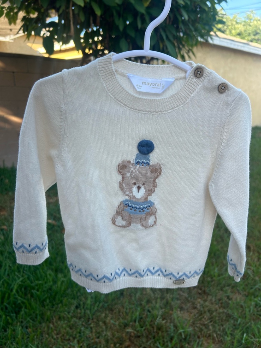 Mayoral Cream Knit Sweater with Teddy Bear and Blue Trim